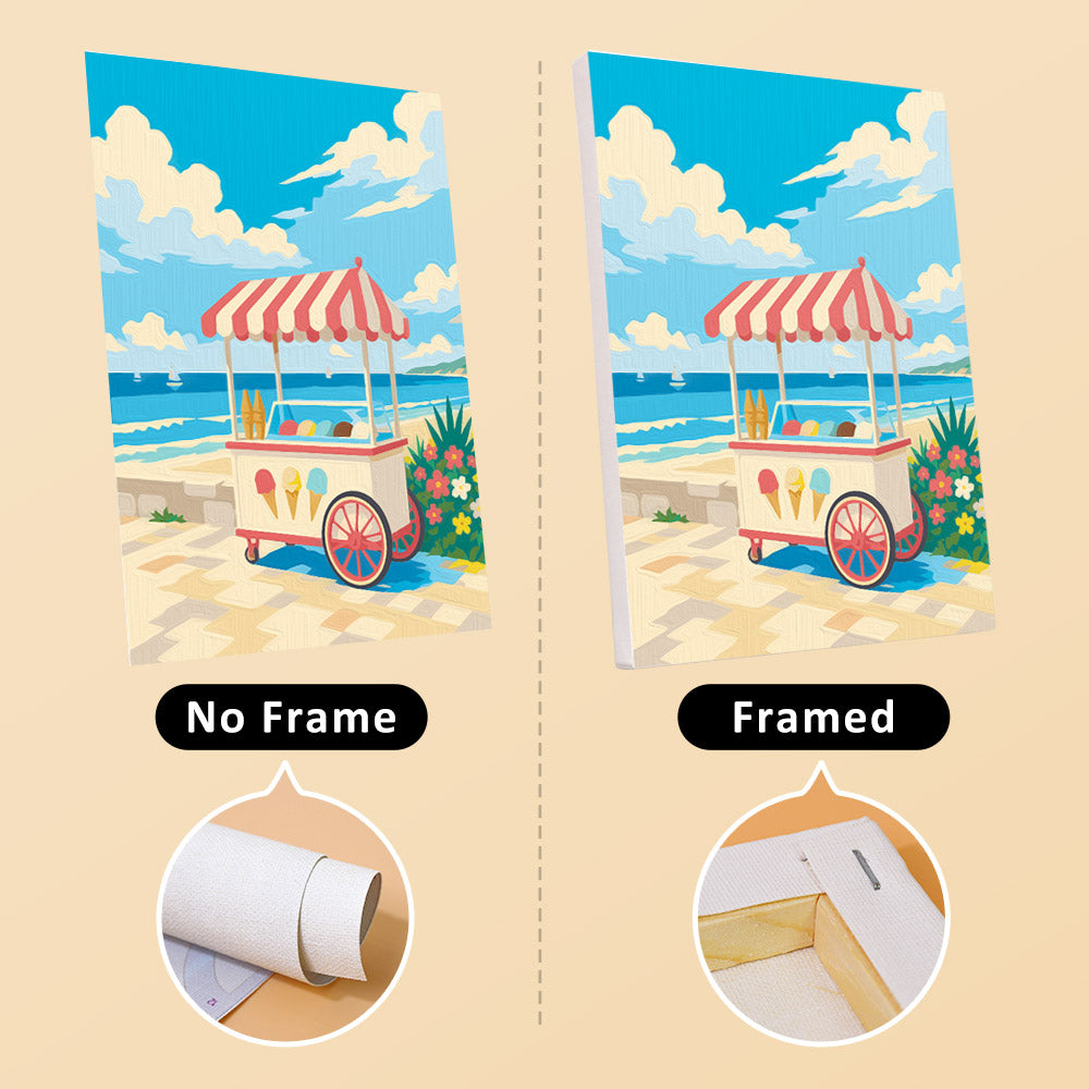 Beach Day mini canvas shown rolled without a frame and pre-stretched on a frame