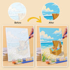 Before and after of a Beach Day mini paint by numbers canvas