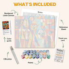 What's included in the Beyond Reality paint by numbers kit: numbered linen canvas, reference sheet, color guide, 24 acrylic paints, 3 brushes and thank you card