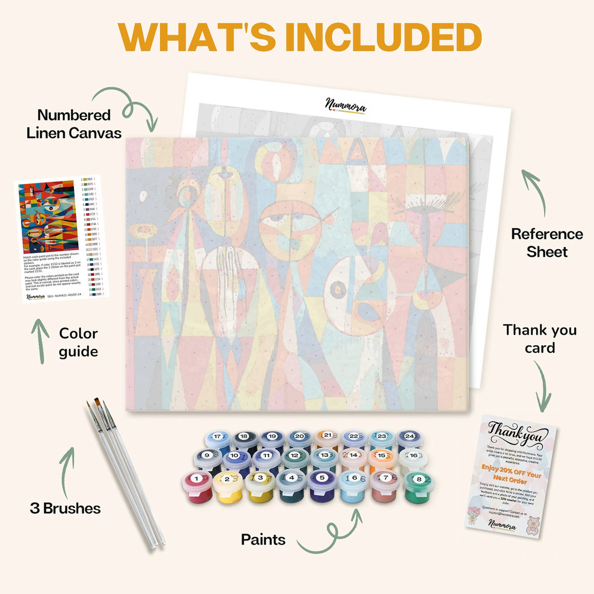 What's included in the Beyond Reality paint by numbers kit: numbered linen canvas, reference sheet, color guide, 24 acrylic paints, 3 brushes and thank you card