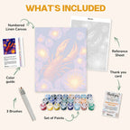 What's included in the Bioluminescent Ocean paint by numbers kit: numbered linen canvas, reference sheet, color guide, 24 acrylic paints, 3 brushes and thank you card