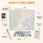 What's included in the Birch grove paint by numbers kit: numbered linen canvas, reference sheet, color guide, 24 acrylic paints, 3 brushes and thank you card