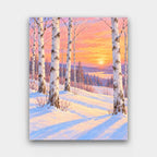 Birches at Sundown paint by numbers kit of white birch trunks in a snowy forest against a pink and orange sunset