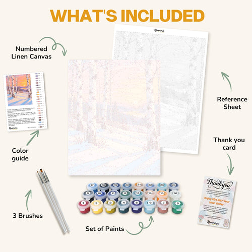 What's included in the Birches at Sundown paint by numbers kit: numbered linen canvas, reference sheet, color guide, 24 acrylic paints, 3 brushes and thank you card