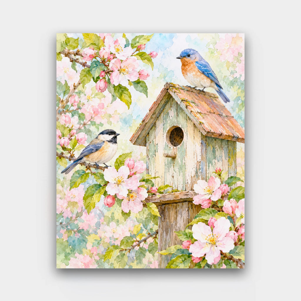 Birdhouse in Bloom paint by numbers kit of a weathered birdhouse with a bluebird and a chickadee among pink blossoms