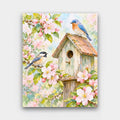 Birdhouse in Bloom paint by numbers kit of a weathered birdhouse with a bluebird and a chickadee among pink blossoms