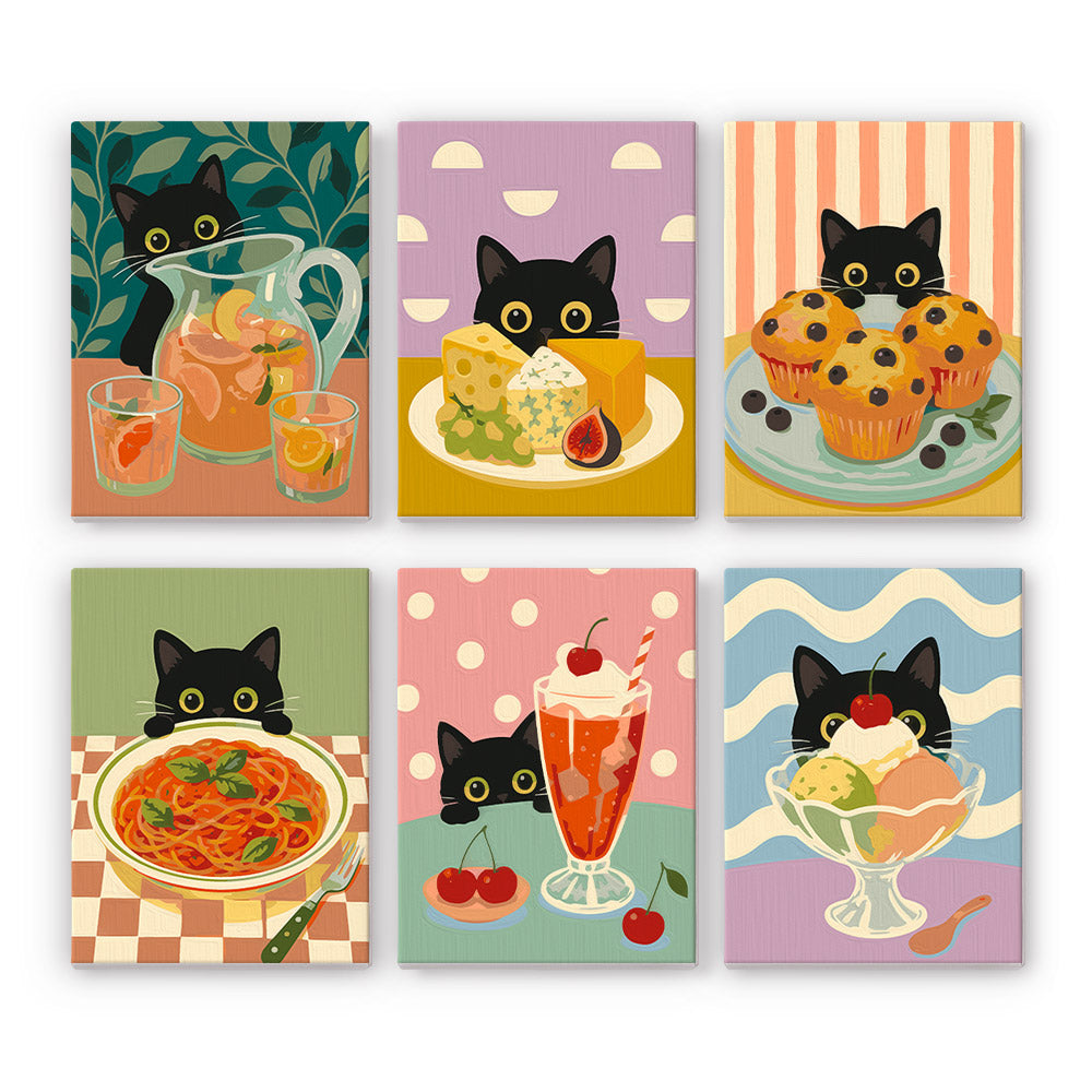 Black Cat Café mini paint by numbers set: six black cats peeking at lemonade, cheese, muffins, spaghetti, soda and ice cream