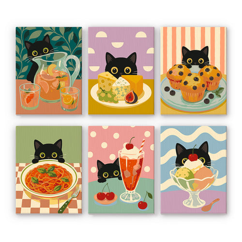 Black Cat Café mini paint by numbers set: six black cats peeking at lemonade, cheese, muffins, spaghetti, soda and ice cream