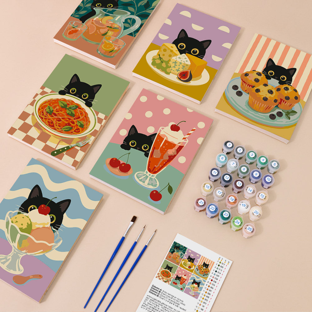 Black Cat Café mini paint by numbers kit with six numbered canvases, acrylic paints, brushes and layout
