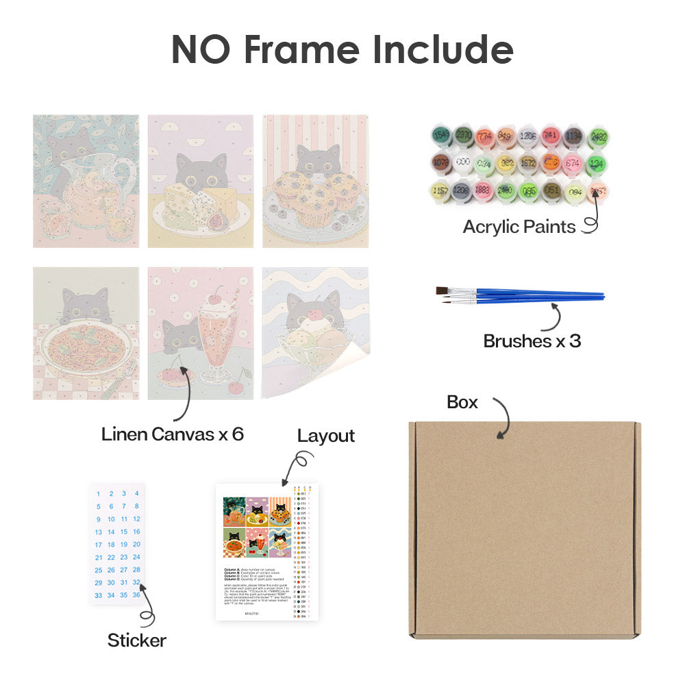 What's included without a frame: six rolled Black Cat Café mini canvases, acrylic paints, three brushes and layout