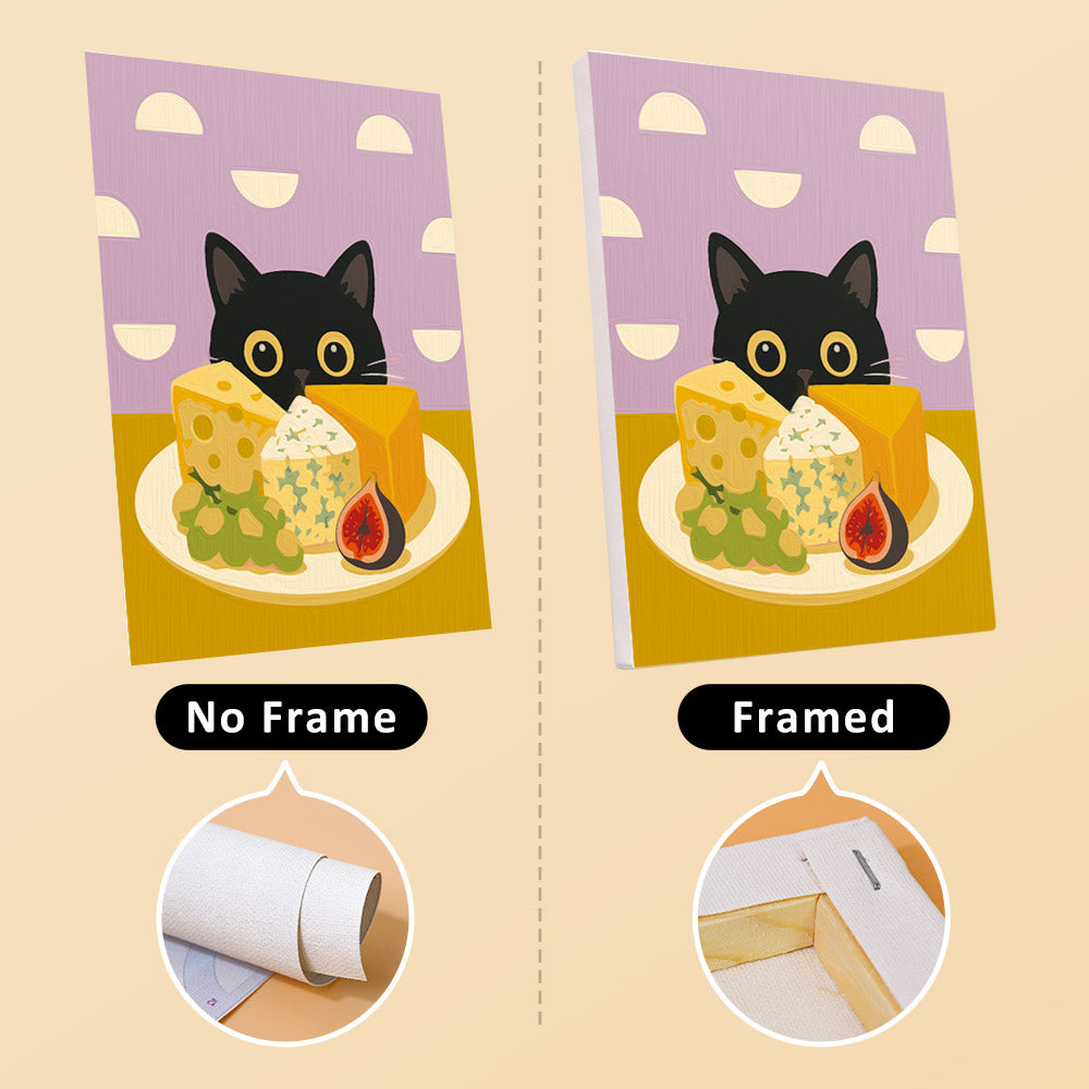 Black Cat Café mini canvas shown rolled without a frame and pre-stretched on a frame