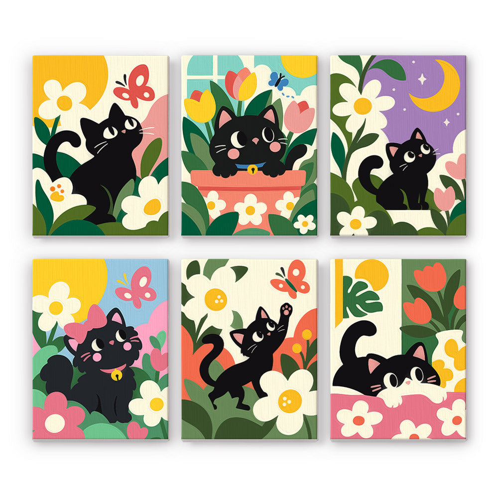 Black Cat Garden mini paint by numbers set: six playful black cats among daisies, tulips and butterflies
