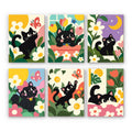 Black Cat Garden mini paint by numbers set: six playful black cats among daisies, tulips and butterflies