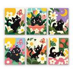 Black Cat Garden mini paint by numbers set: six playful black cats among daisies, tulips and butterflies