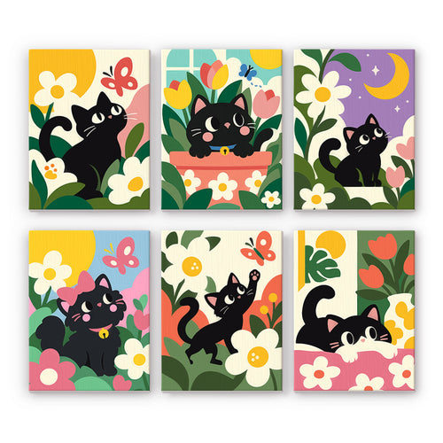 Black Cat Garden mini paint by numbers set: six playful black cats among daisies, tulips and butterflies