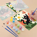 Filling in a Black Cat Garden mini canvas with numbered acrylic paints and a fine brush