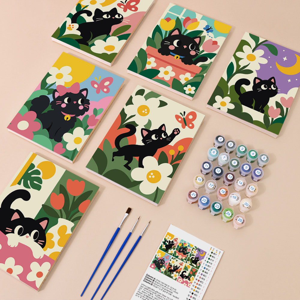 Black Cat Garden mini paint by numbers kit with six numbered canvases, acrylic paints, brushes and layout