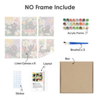 What's included without a frame: six rolled Black Cat Garden mini canvases, acrylic paints, three brushes and layout