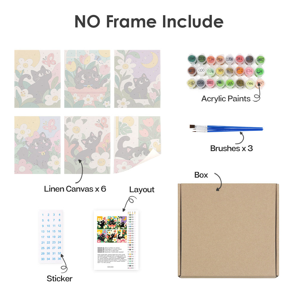 What's included without a frame: six rolled Black Cat Garden mini canvases, acrylic paints, three brushes and layout
