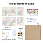 What's included pre-stretched on frame: six framed Black Cat Garden mini canvases, paints, three brushes, hangers and layout