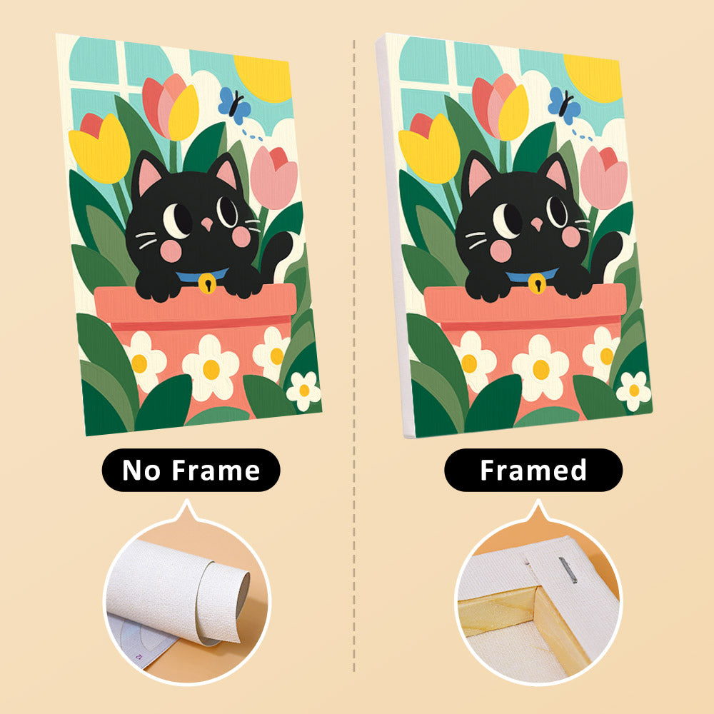 Black Cat Garden mini canvas shown rolled without a frame and pre-stretched on a frame