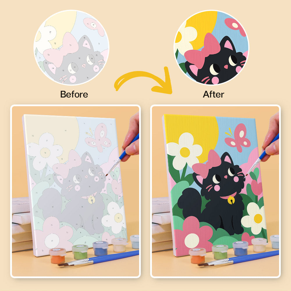 Before and after of a Black Cat Garden mini paint by numbers canvas