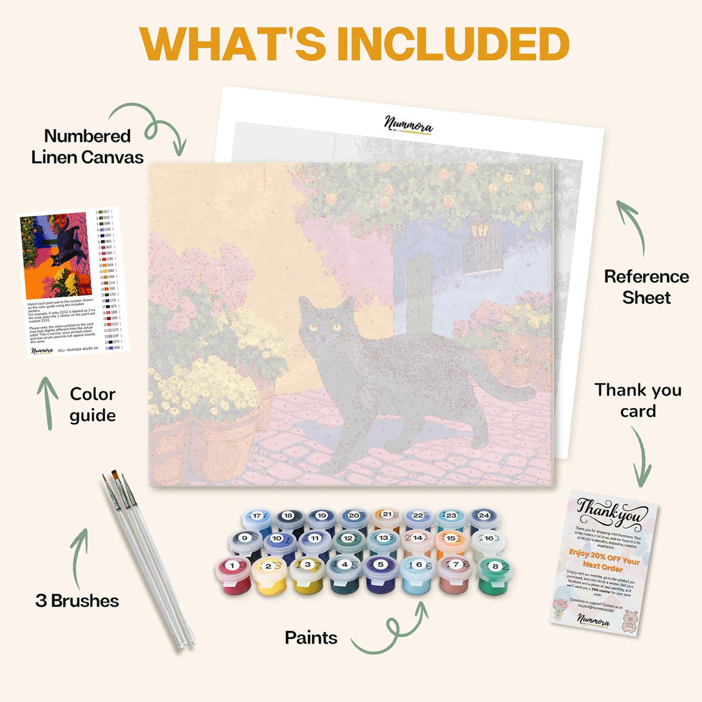 What's included in the Black Cat in a Vibrant Alley paint by numbers kit: numbered linen canvas, reference sheet, color guide, 24 acrylic paints, 3 brushes and thank you card