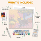 What's included in the Black Cat in a Vibrant Alley paint by numbers kit: numbered linen canvas, reference sheet, color guide, 24 acrylic paints, 3 brushes and thank you card