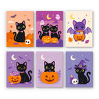 Black Cat Treats mini paint by numbers set: six adorable black kittens with pumpkins, candy, bat wings and witch hats on peach and lilac
