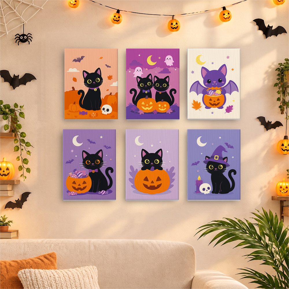 Six finished Black Cat Treats mini paintings hung on a wall above a table