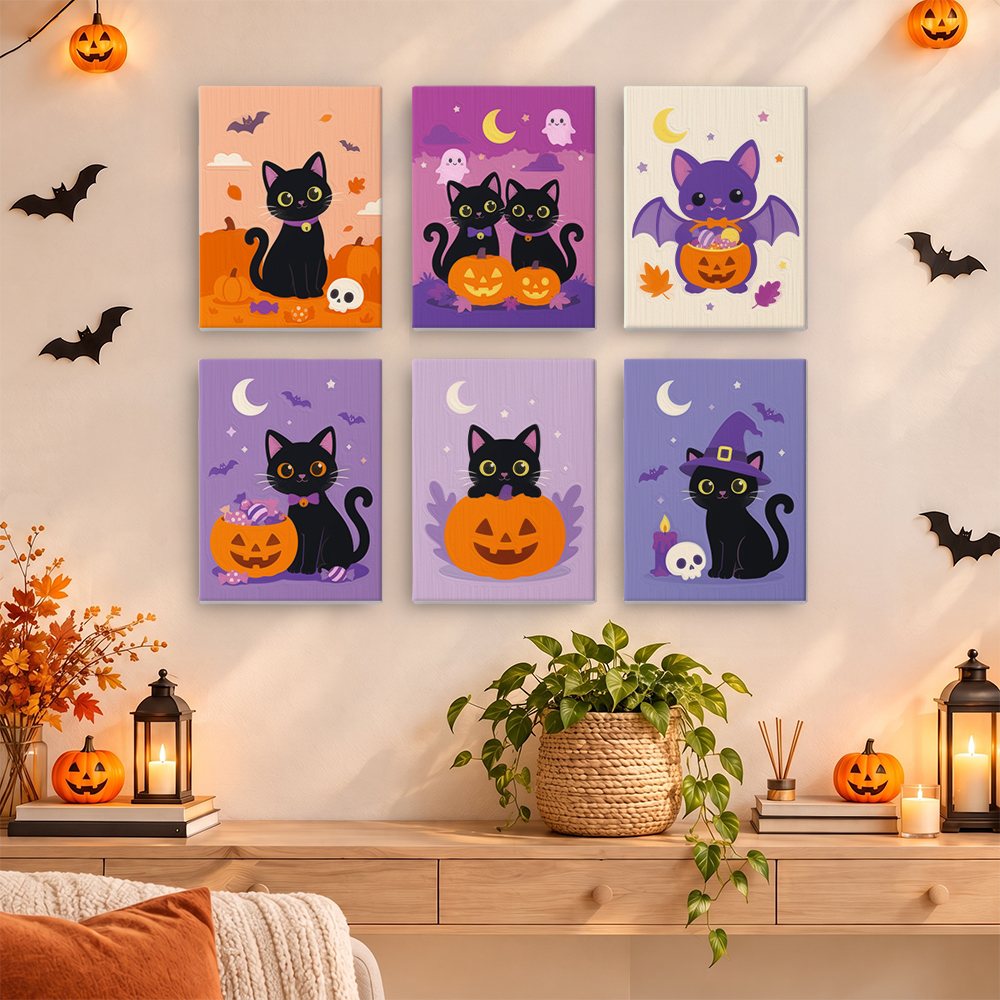 Black Cat Treats mini paintings displayed as a gallery wall in a sunny kitchen