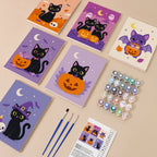 Black Cat Treats mini paint by numbers kit with six numbered canvases, acrylic paints, brushes and layout