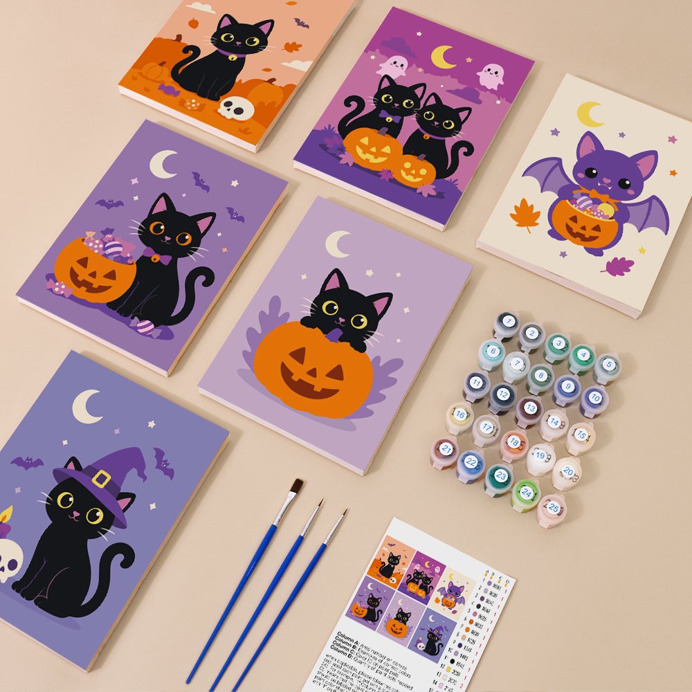 Black Cat Treats mini paint by numbers kit with six numbered canvases, acrylic paints, brushes and layout