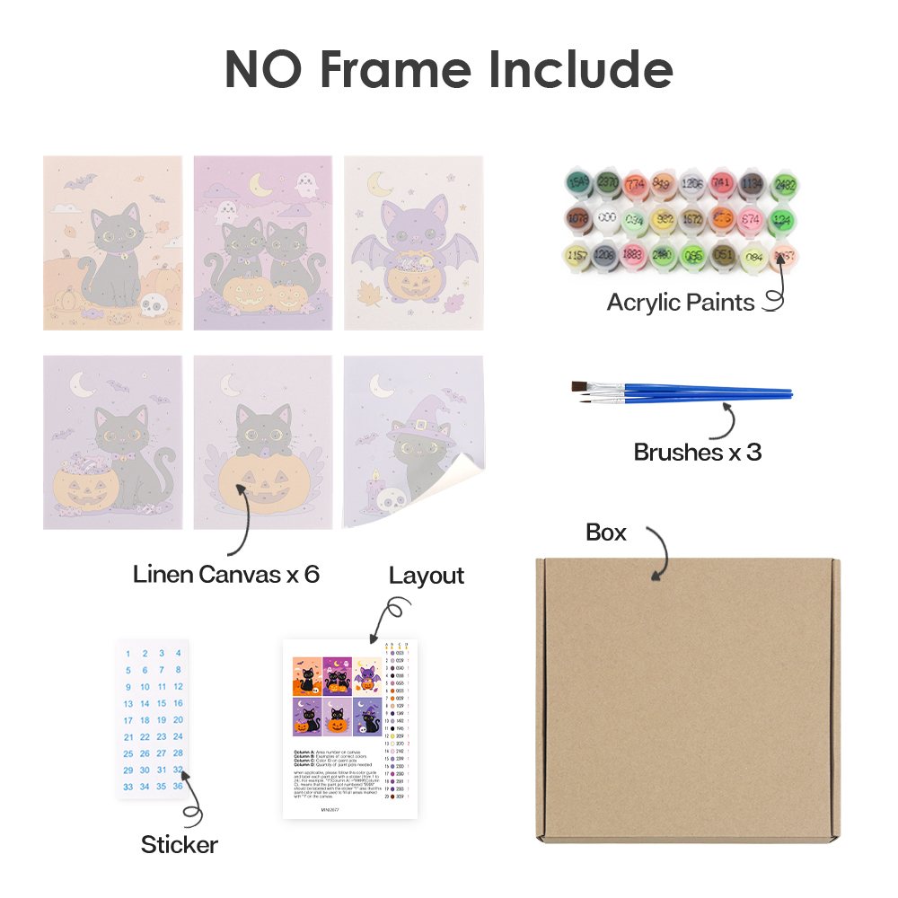 What's included without a frame: six rolled Black Cat Treats mini canvases, acrylic paints, three brushes and layout