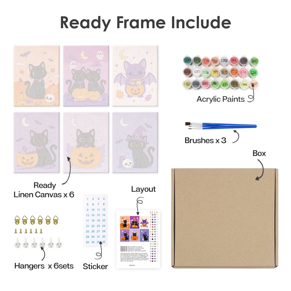 What's included pre-stretched on frame: six framed Black Cat Treats mini canvases, paints, three brushes, hangers and layout