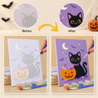 Before and after of a Black Cat Treats mini paint by numbers canvas