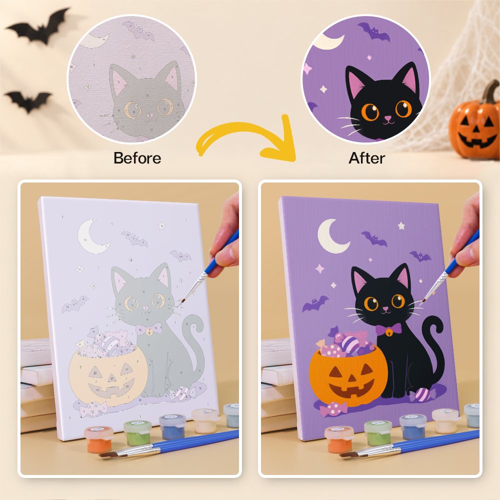 Before and after of a Black Cat Treats mini paint by numbers canvas