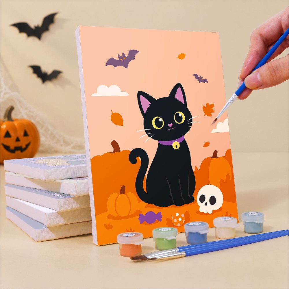Painting a Black Cat Treats mini canvas propped up beside numbered acrylic paints