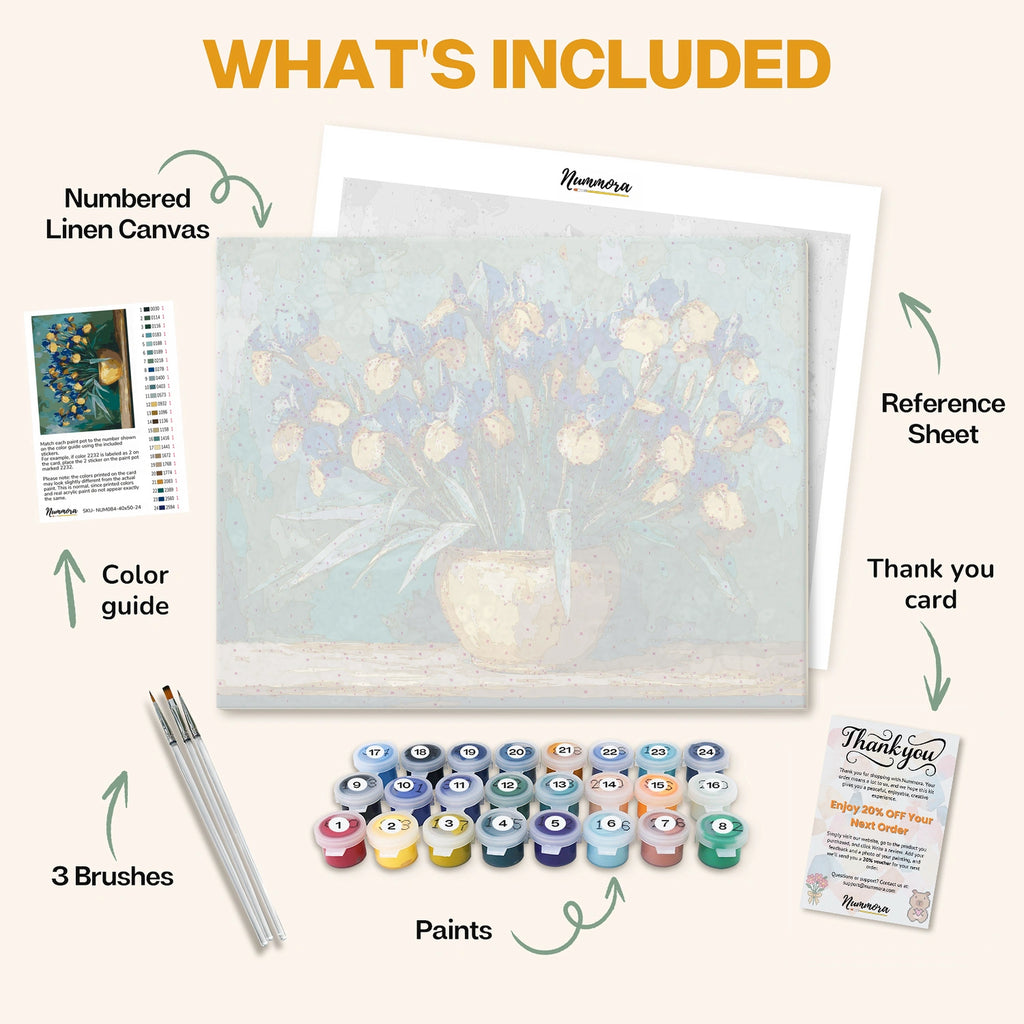 What's included in the Blooming Irises paint by numbers kit: numbered linen canvas, reference sheet, color guide, 24 acrylic paints, 3 brushes and thank you card
