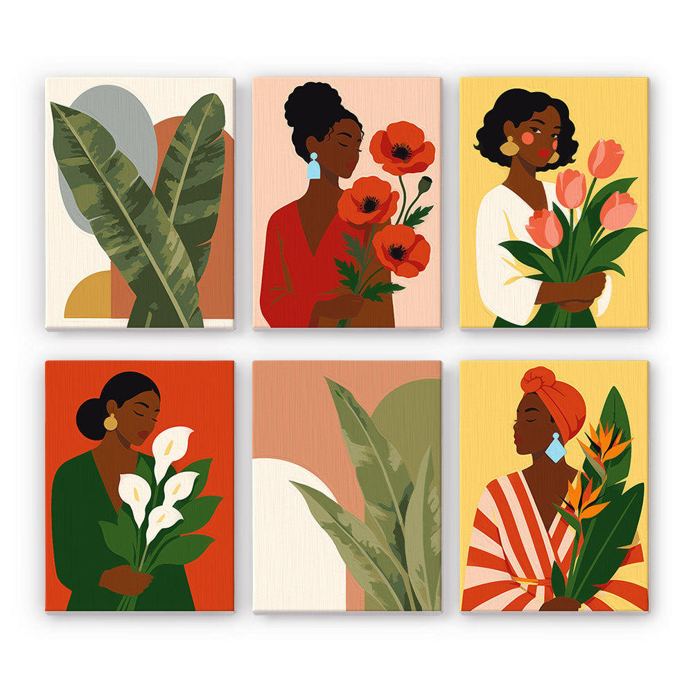 Blooming Muses mini paint by numbers set: six portraits of women holding poppies, tulips, calla lilies and tropical flowers