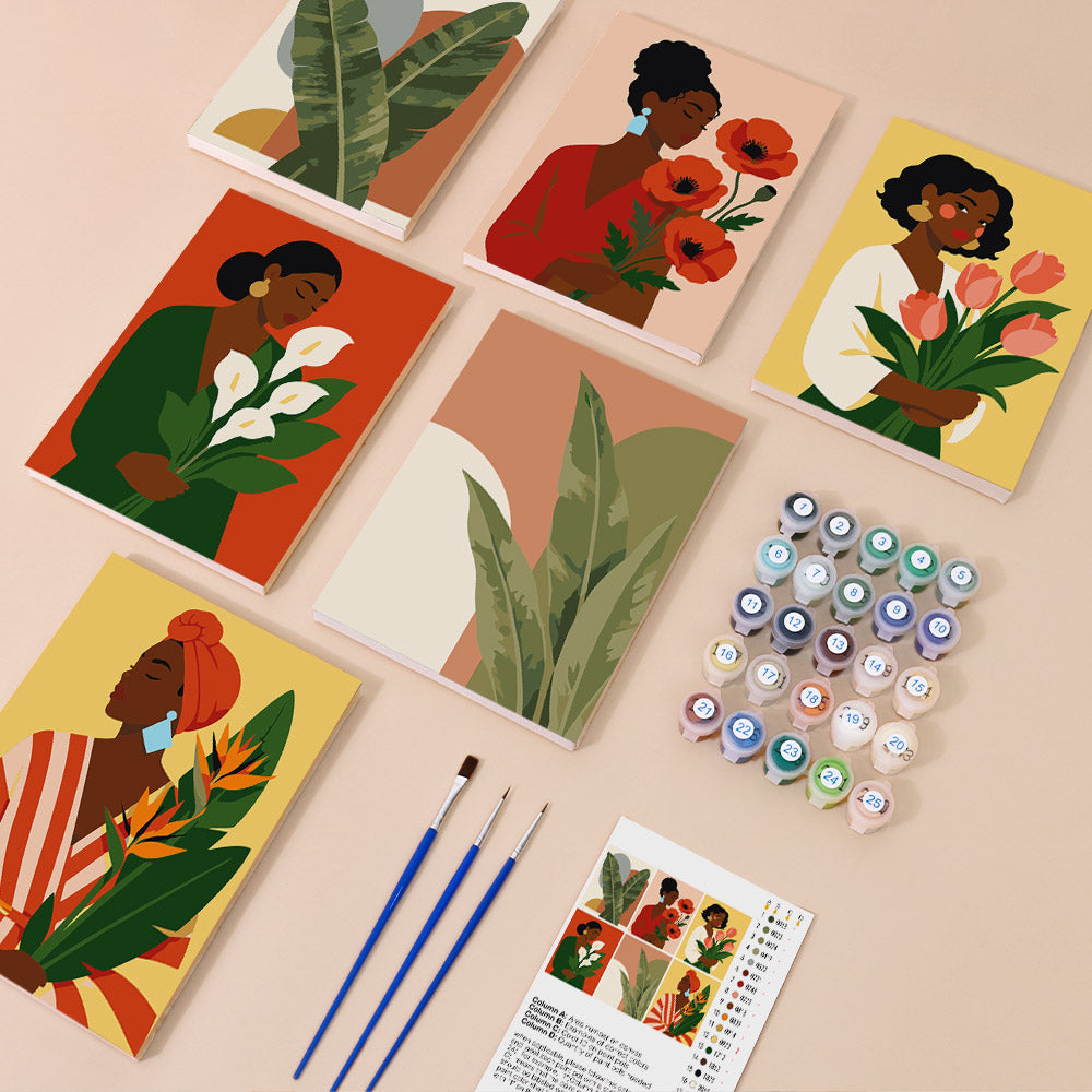 Blooming Muses mini paint by numbers kit with six numbered canvases, acrylic paints, brushes and layout
