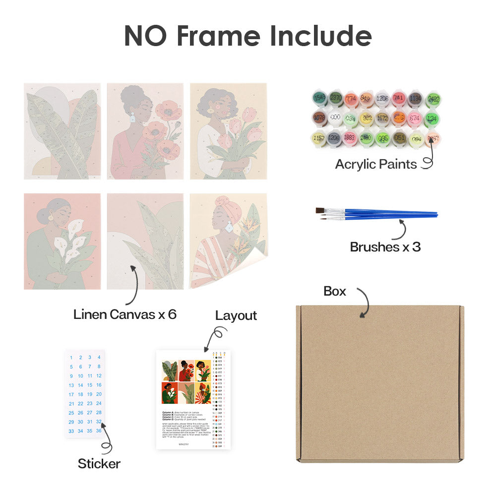 What's included without a frame: six rolled Blooming Muses mini canvases, acrylic paints, three brushes and layout