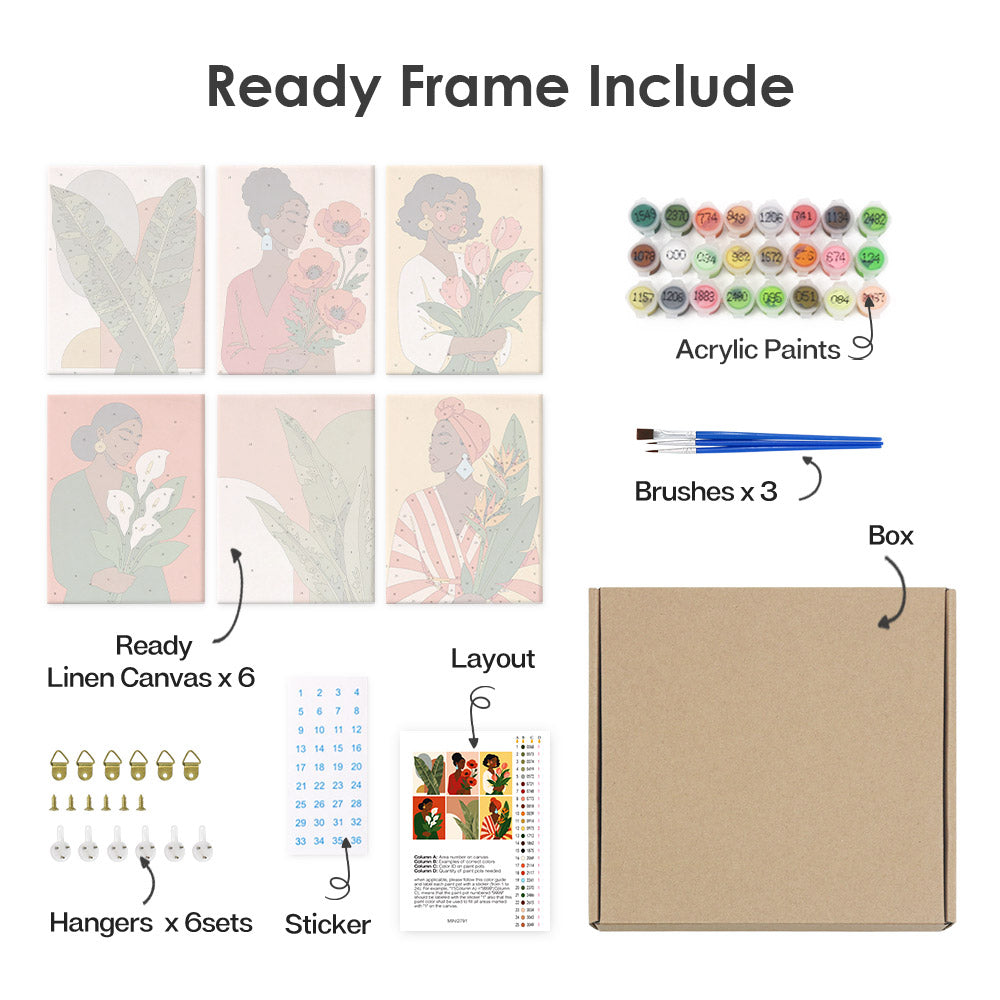 What's included pre-stretched on frame: six framed Blooming Muses mini canvases, paints, three brushes, hangers and layout