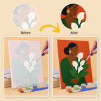 Before and after of a Blooming Muses mini paint by numbers canvas