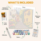 What's included in the Blooming Village Street paint by numbers kit: numbered linen canvas, reference sheet, color guide, 24 acrylic paints, 3 brushes and thank you card