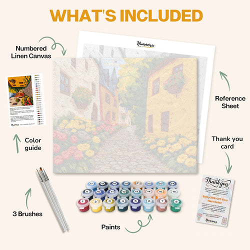 What's included in the Blooming Village Street paint by numbers kit: numbered linen canvas, reference sheet, color guide, 24 acrylic paints, 3 brushes and thank you card
