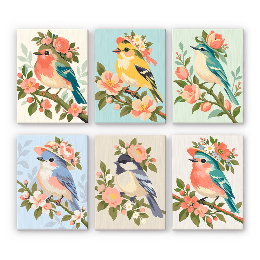 Blossom Birds mini paint by numbers set: six designs of songbirds perched on flowering branches