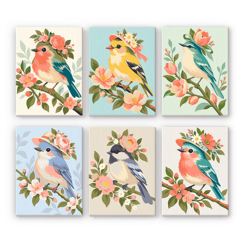 Blossom Birds mini paint by numbers set: six designs of songbirds perched on flowering branches