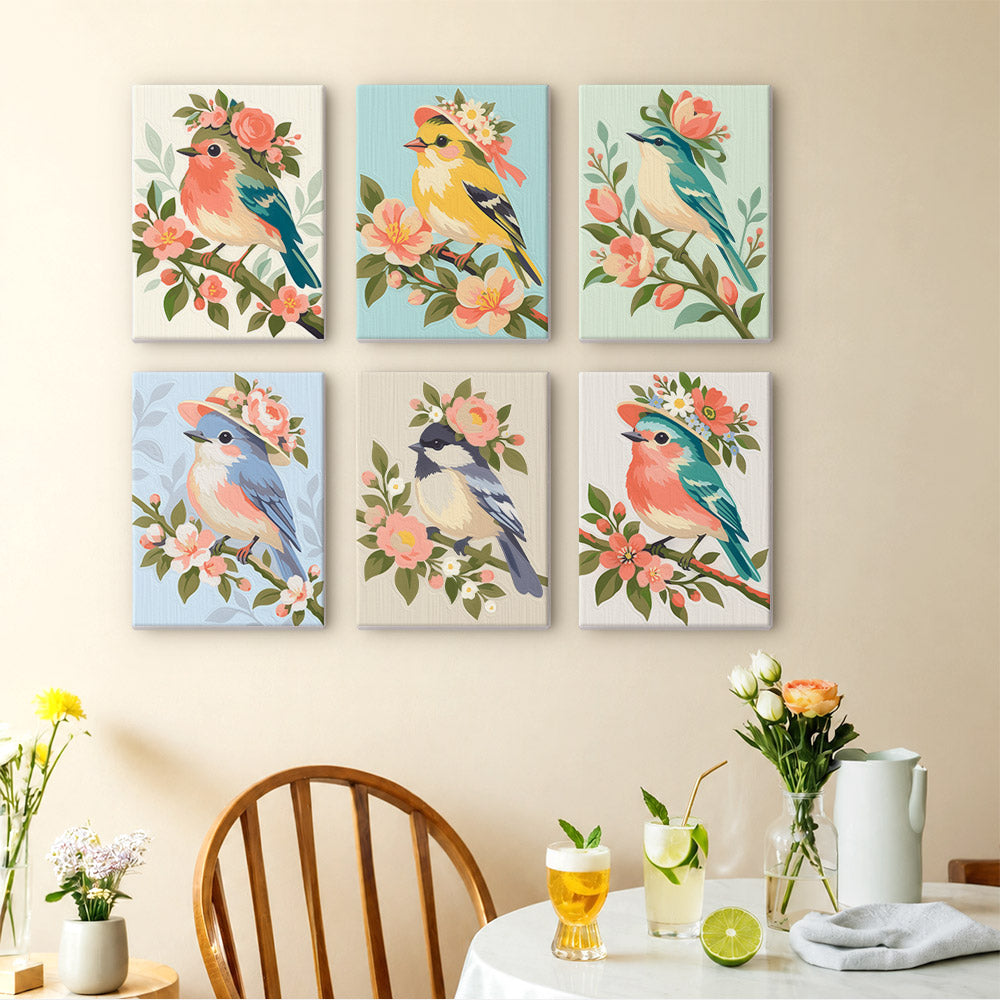 Blossom Birds mini paintings displayed as a gallery wall in a sunny kitchen