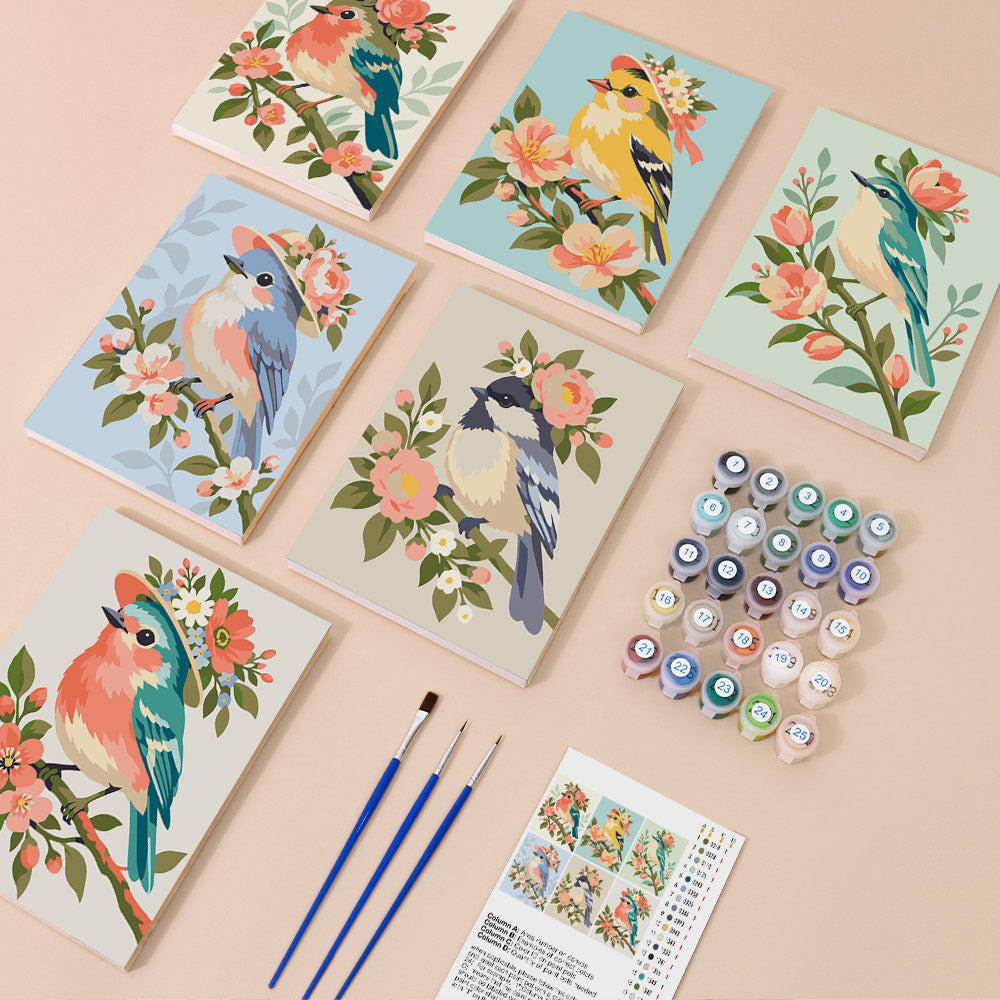 Blossom Birds mini paint by numbers kit with six numbered canvases, acrylic paints, brushes and layout